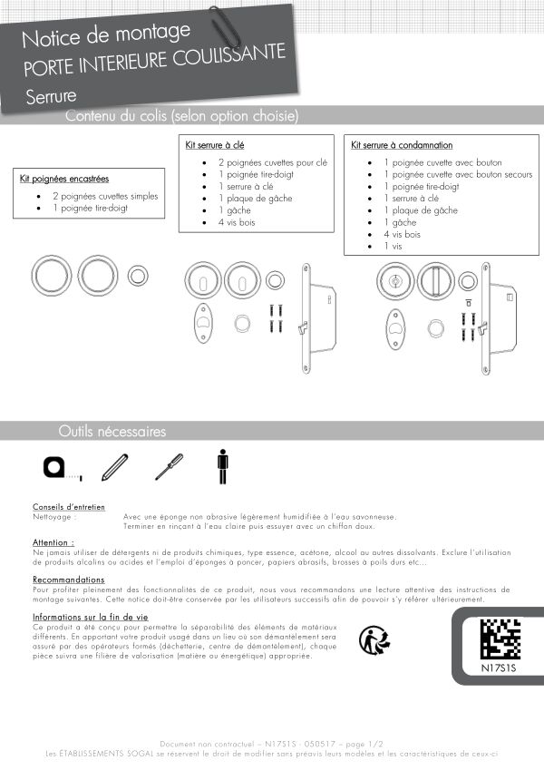 Notice de montage Sogal serrure coulissante