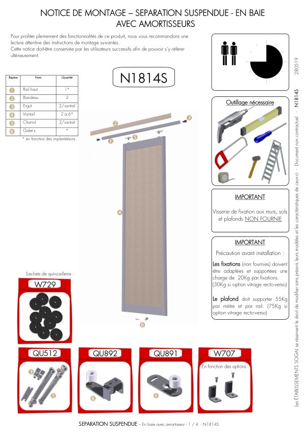 Notice de montage Sogal Séparation suspendue aluminium